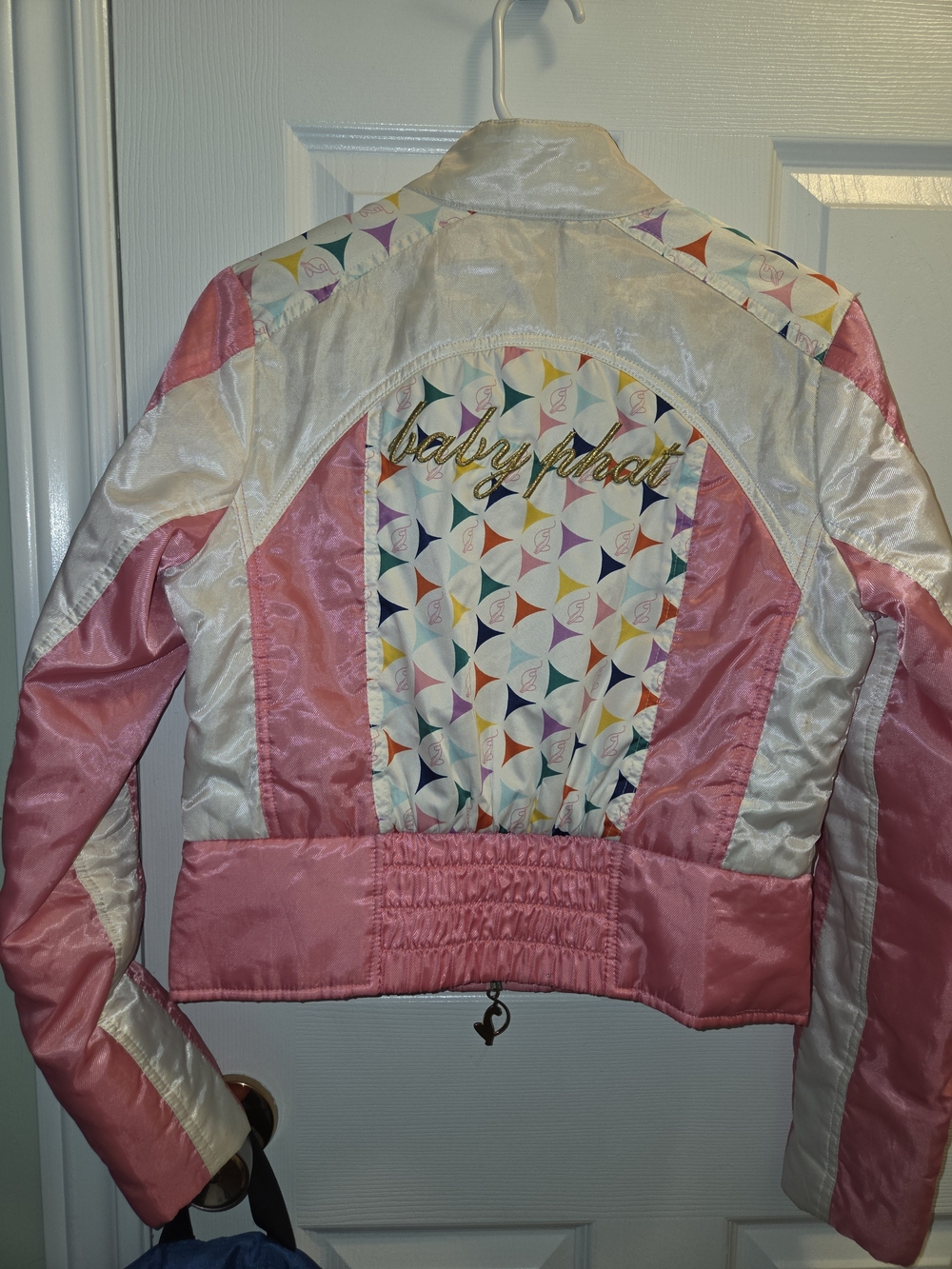 Baby Phat Pink and Cream Satin Bomber with Multicolor Geometric Panel